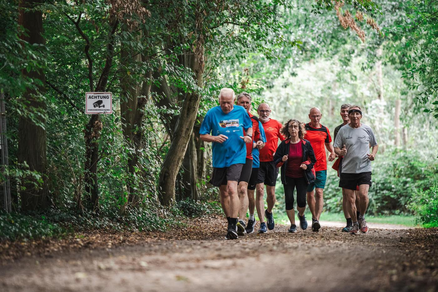 Die Laufgruppe kommt in lockerer Formation über einen schattigen Waldweg auf die Kamera zu
