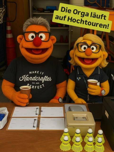 Zwei Maskottchen des Sponsors mit Kaffeebechern am Turniertisch