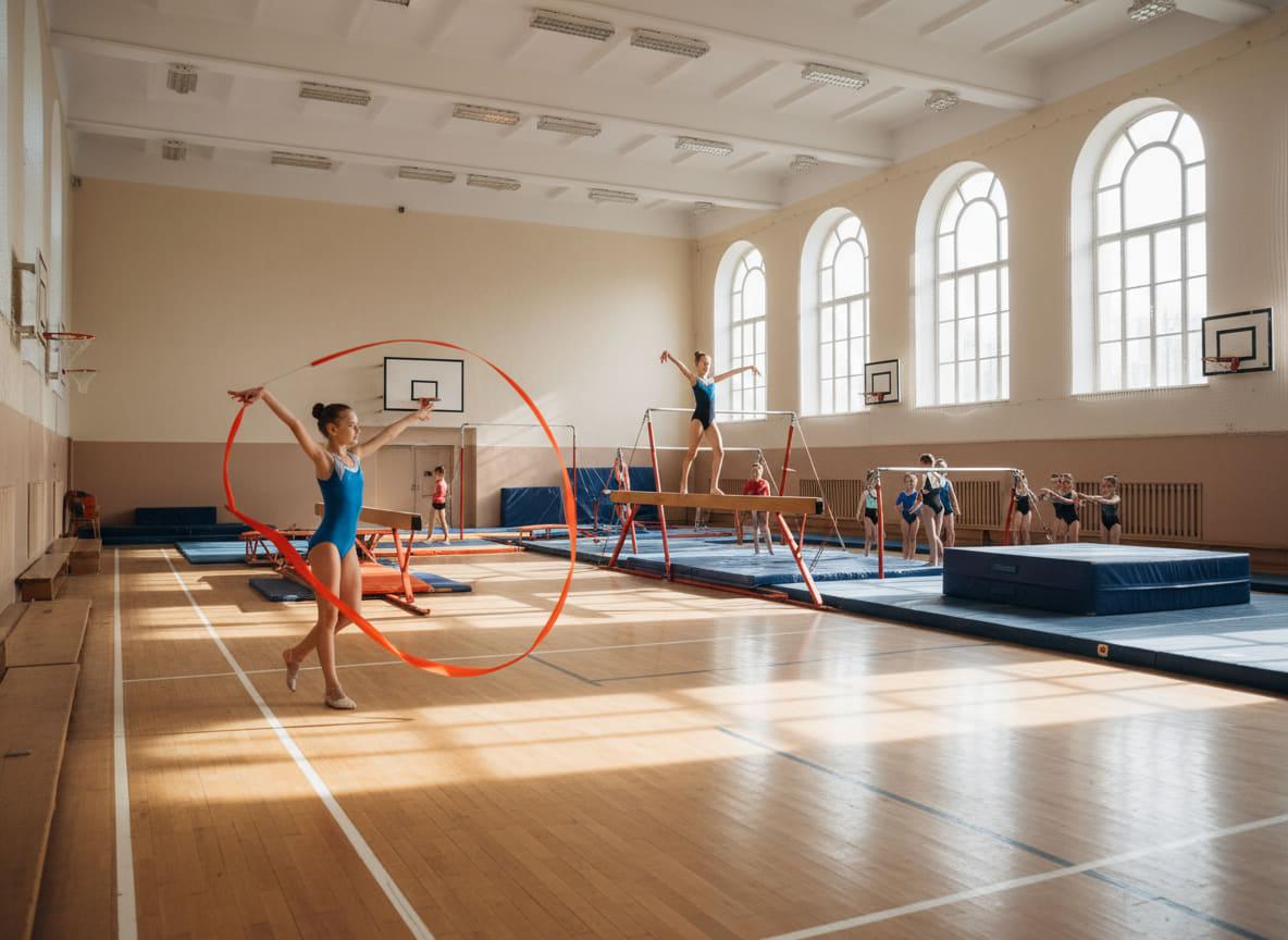 Gymnastikgruppe übt mit Gymnastikreifen in der Sporthalle