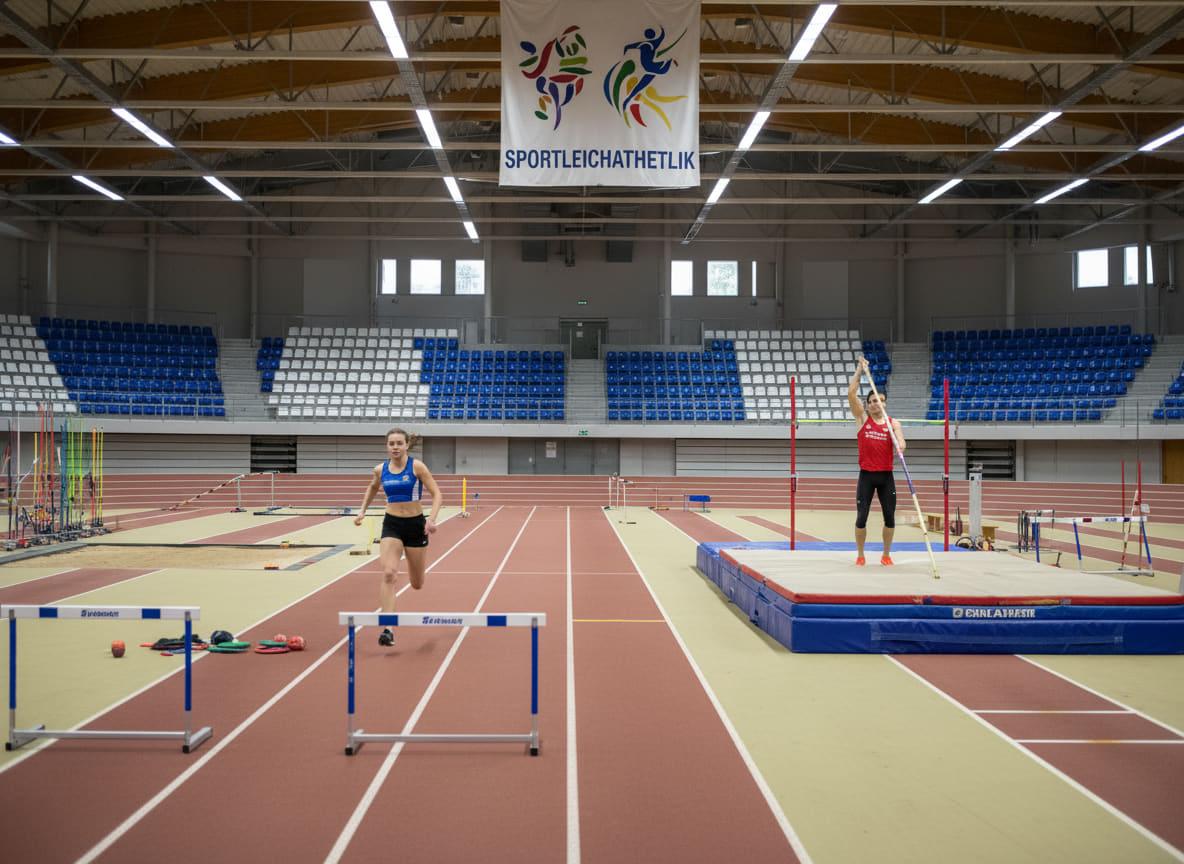 Hürden und Sprunganlage in einer Leichtathletikhalle